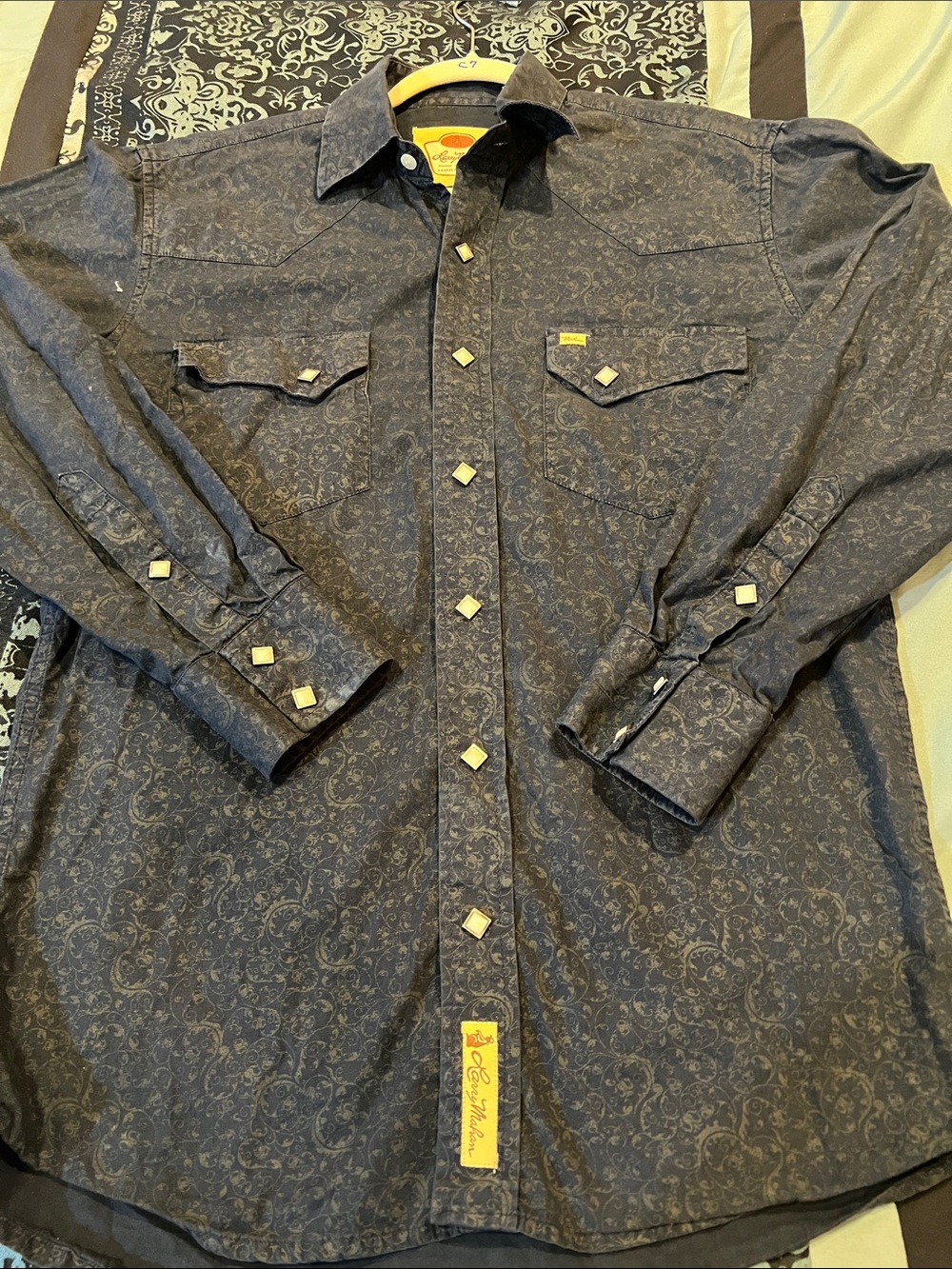 Larry Mahan Dark Blue Paisley Western Button-Down Shirt